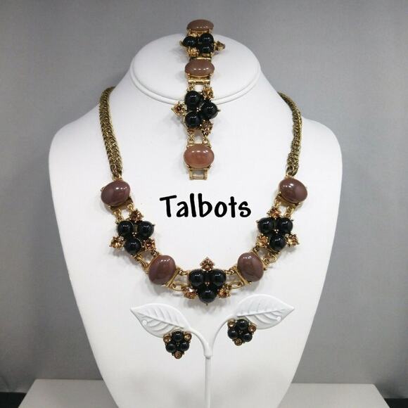 Talbots Rhinestone Necklace Bracelet Earrings Set, Black Brown Cabs, 21"  7 1/2" - Picture 1 of 7
